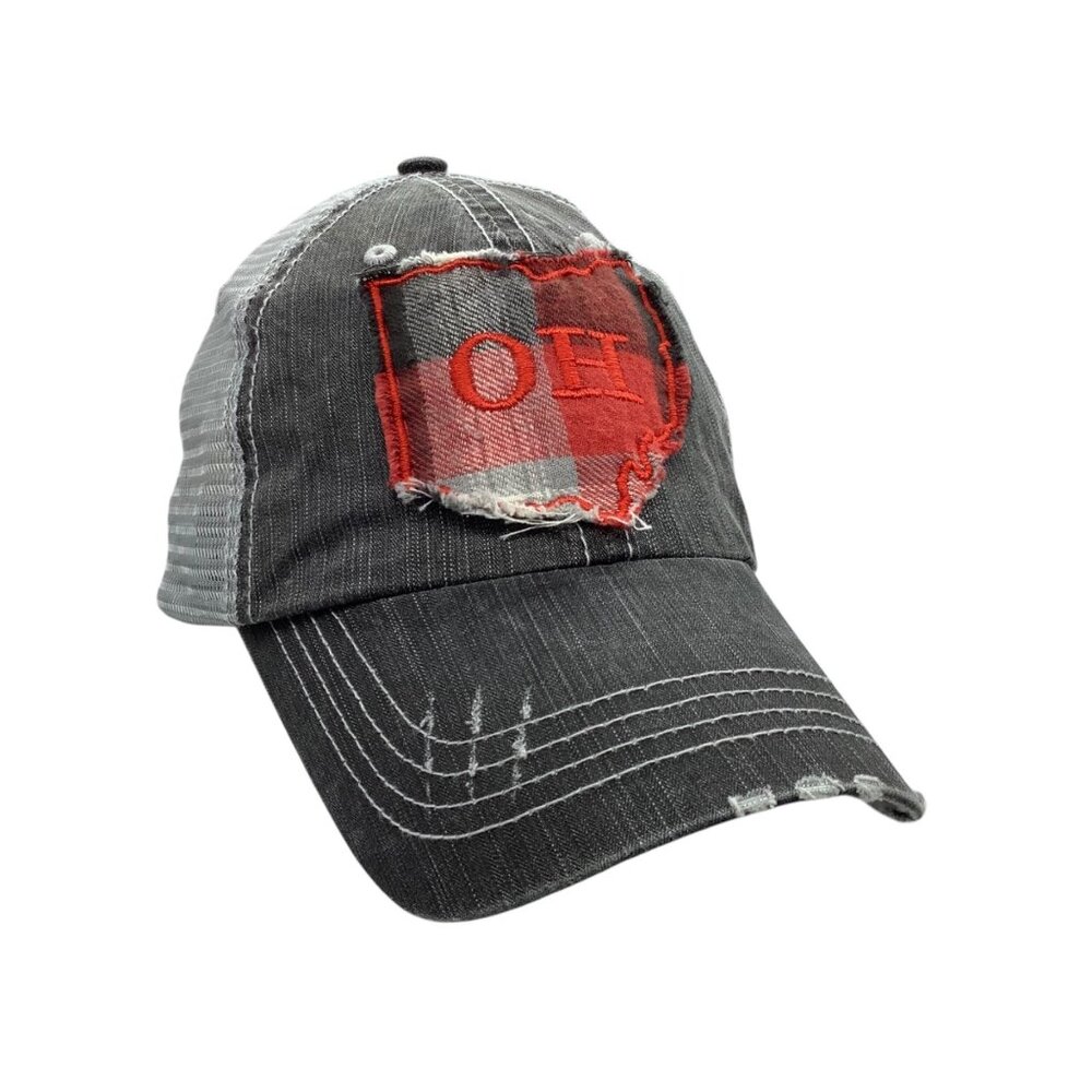 Ohio Distressed Trucker Hat Buffalo Plaid Patch Design Adjustable‎ Mesh Back 0S